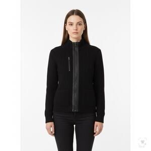 Ralph Lauren Black Sweater Cardigan with Leather Trim, Size Medium